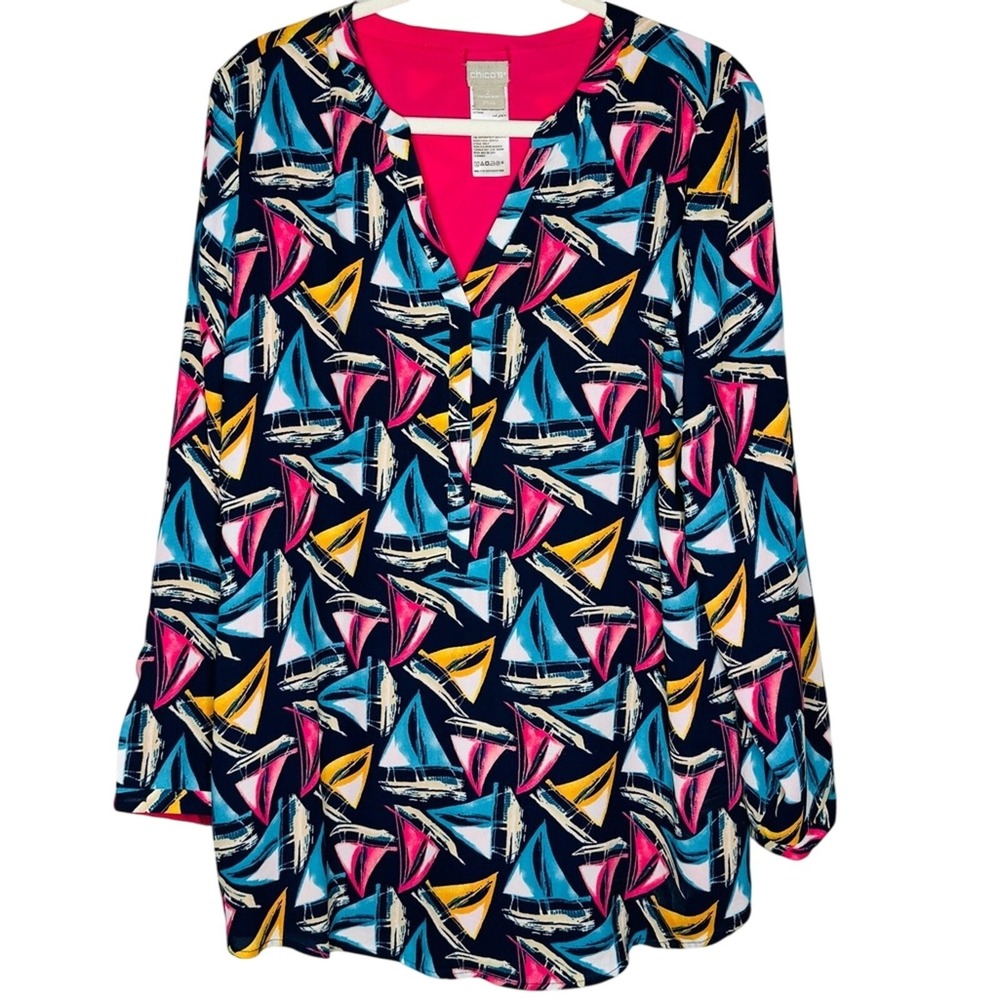 Chicos Womens Sailboat Blouse Tunic Top V Neck Sz‎ 14 Resort Cerulean Blues